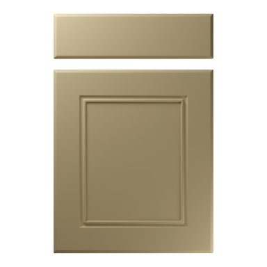 Beige cabinet door with a central panel and a horizontal trim at the top.